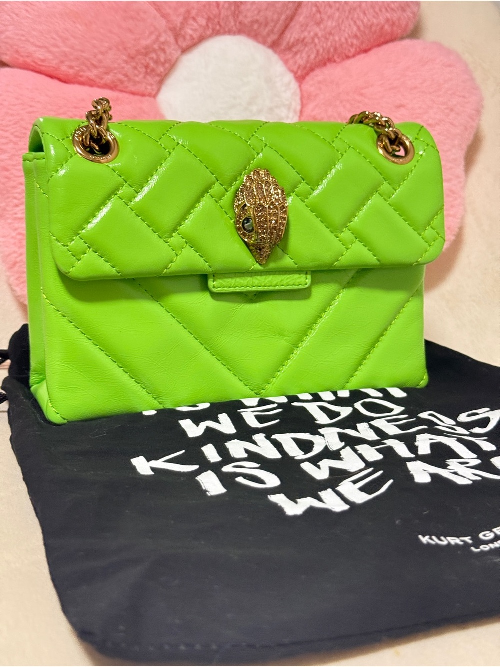Kurt Geiger Bright Lime Quilted Leather Shoulder Bag with Gold Hardware